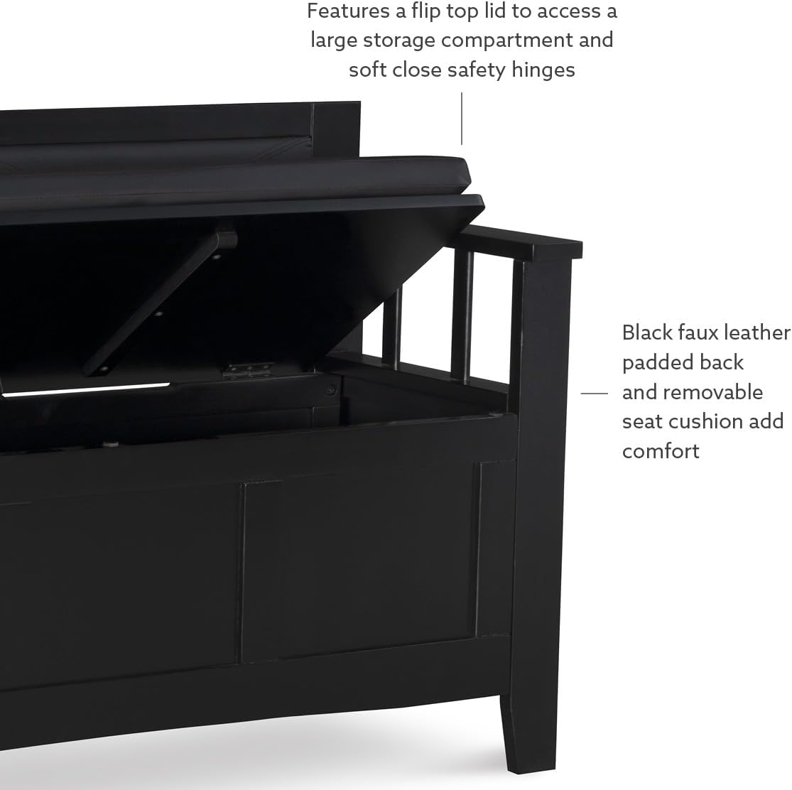 Linon Carlton Padded Bench, 44.5"W x 17"D x 30"H, Black