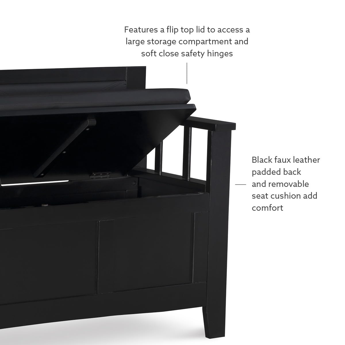Linon Carlton Padded Bench, 44.5"W x 17"D x 30"H, Black