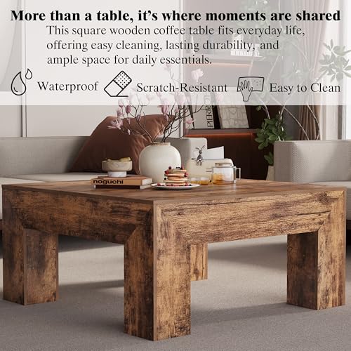 Square Coffee Table with Thick Base – Rustic Brown
