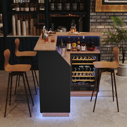 ARTPOWER L Shaped Home Bar Cabinet with Fridge Space, Oversized Modern Basement Coffee Bar Table with LED Strip, Fluted 4-Tier Corner Wine Cabinet with Stemware Racks for Dining Living Room, Black