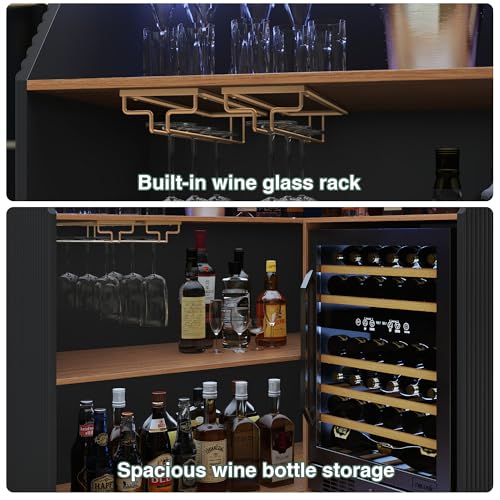 ARTPOWER L Shaped Home Bar Cabinet with Fridge Space, Oversized Modern Basement Coffee Bar Table with LED Strip, Fluted 4-Tier Corner Wine Cabinet with Stemware Racks for Dining Living Room, Black