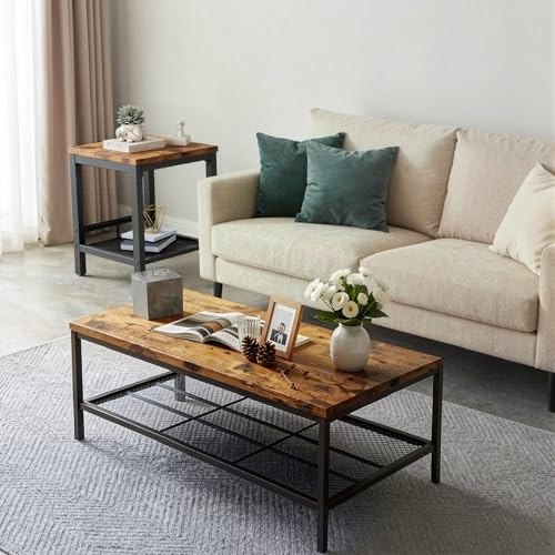 OFFWIN Coffee Table Set of 3,Industrial Coffee Table and 2 End Side Tables,Easy Assembly Coffee and End Tables Sets with Metal Legs, for Office, Living Room and Apartment (Brown)