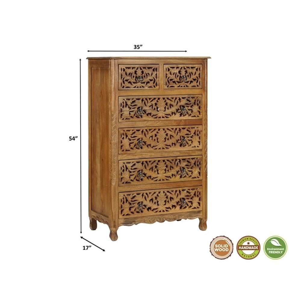Pemberly Row Solid Mango Wood 6-Drawer Tall Chest, 54 Inch, Brown Finish, Floral Carved Accents, Space-Saving Vertical Design for Bedroom Storage, Fully Assembled