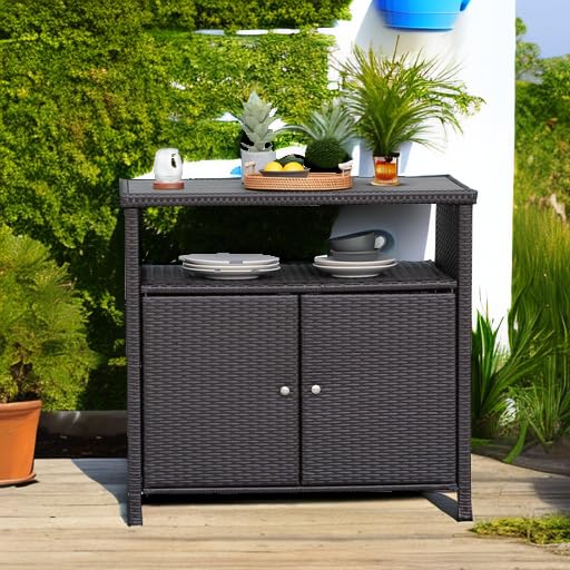 Wicker Storage Cabinet with Doors & Shelves