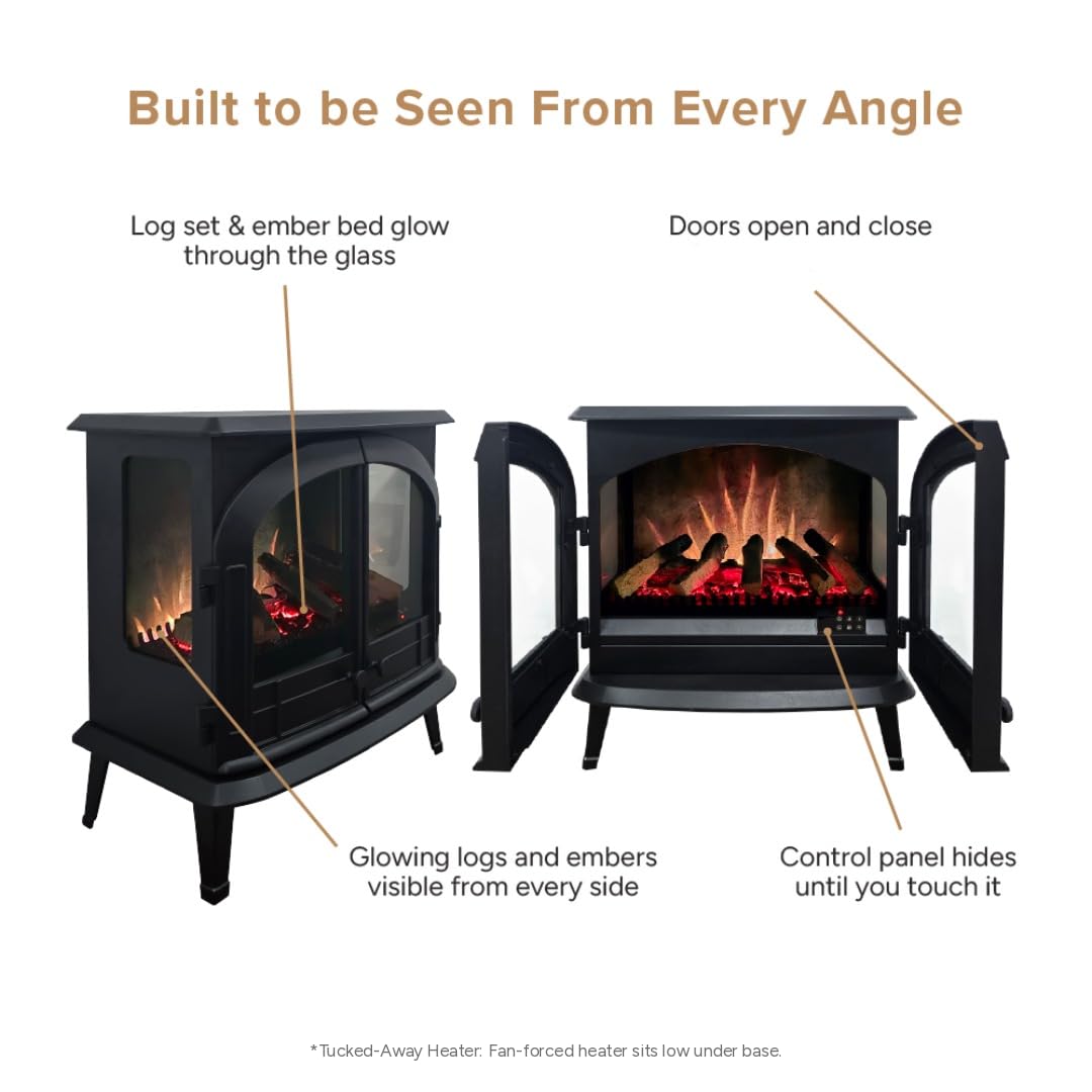 Modern Ember Harlowe Freestanding Electric Fireplace Stove Heater in Black with Multi-Color Ember Bed | Smart Technology | Alexa/WiFi Enabled | 1500W | Indoor Portable Heater | Safety Shutoff