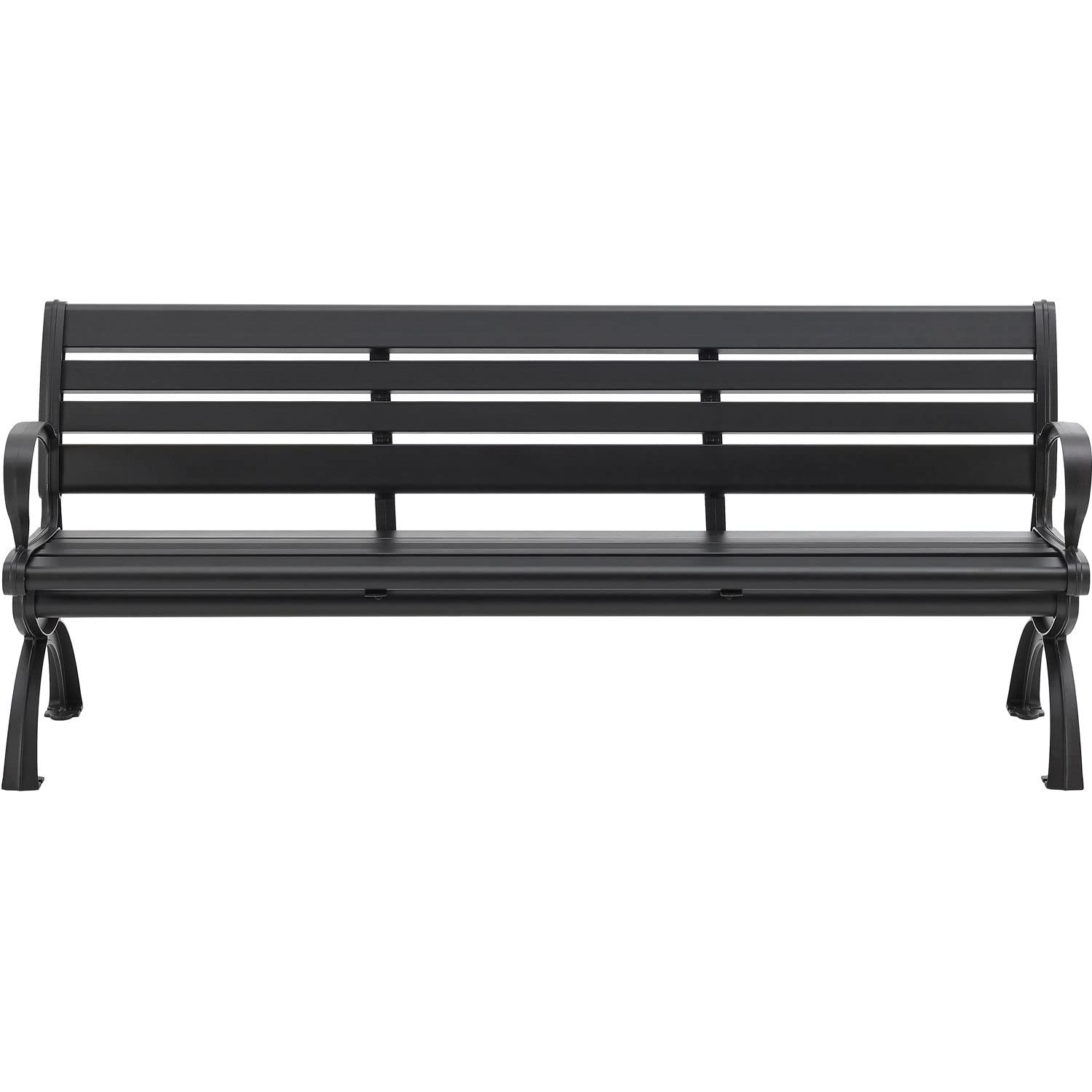 Global Industrial 6'L Outdoor Park Bench with Backrest, Horizontal Slats, Aluminum, 1100 lbs Capacity, Powder Coated Black Finish, Unassembled, Commercial Seating