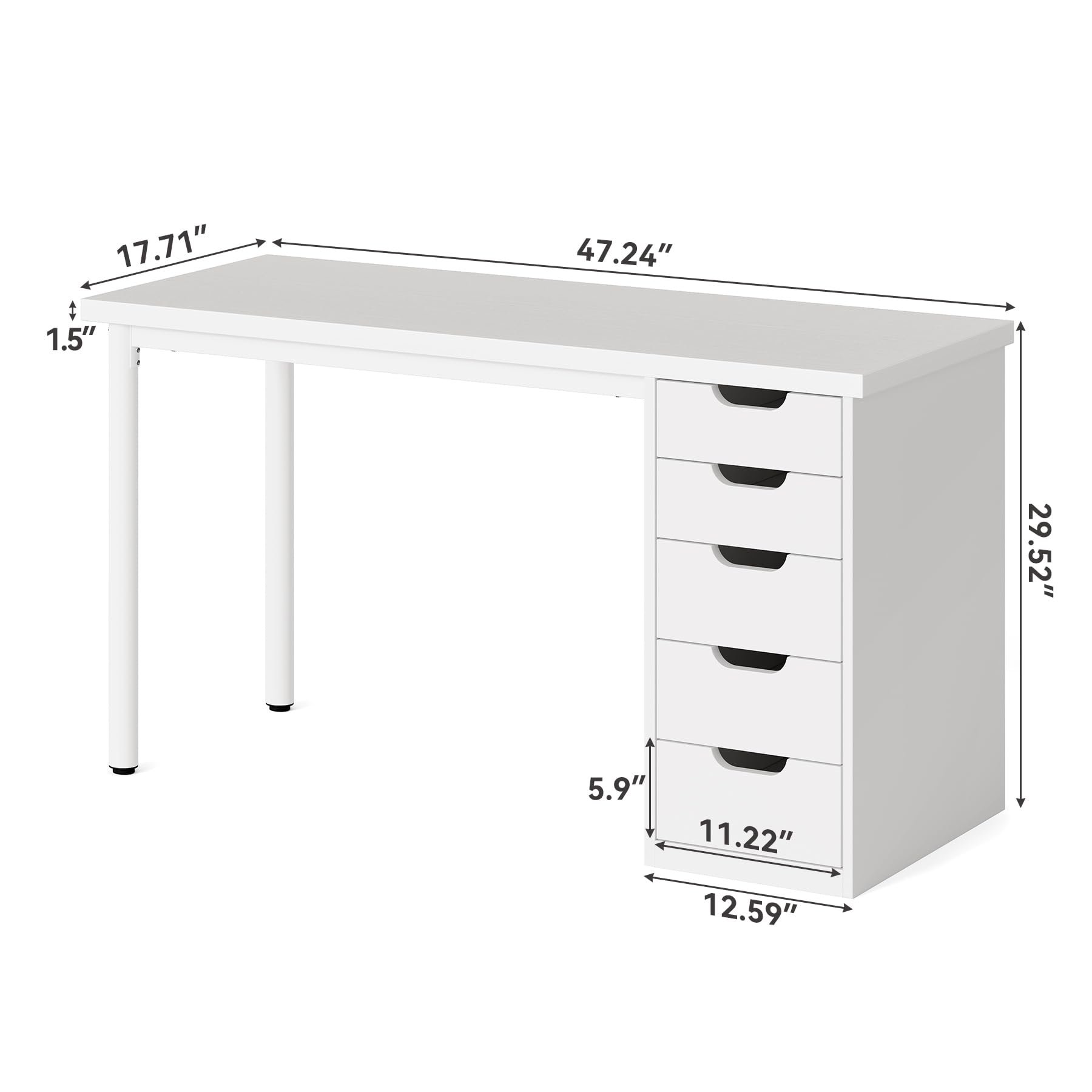 47" Computer Desk with 5 Drawers & Metal Frame