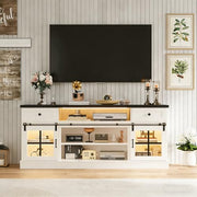Farmhouse TV Stand with Drawers, Power Outlets & LED Lights