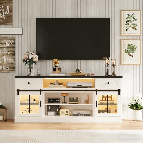 Farmhouse TV Stand with Drawers, Power Outlets & LED Lights