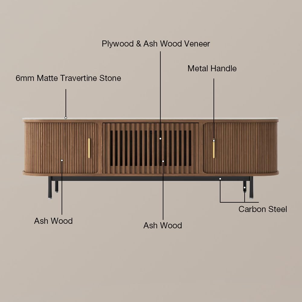 POVISON 94.49" Wood Fully-Assembled Sliding Tambour Door TV Stand, Walnut
