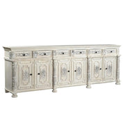 Pemberly Row 6-Drawer 6-Door Carved Solid Mango Wood Sideboard, Weathered White Finish, 118 in Wide, Floral Carvings, Removable Shelves, Decorative Buffet Table for Dining Room or Foyer Use