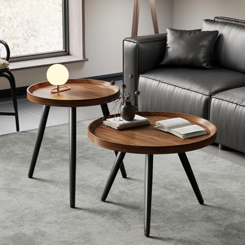 2 PCS Small Round Coffee Table Set, Mid Century Modern Coffee Tables for Living Room, Walnut Nesting Tables for Small Spaces, Easy Assembly Circle Wood Center Table,Black Nesting Coffee Table Set of 2