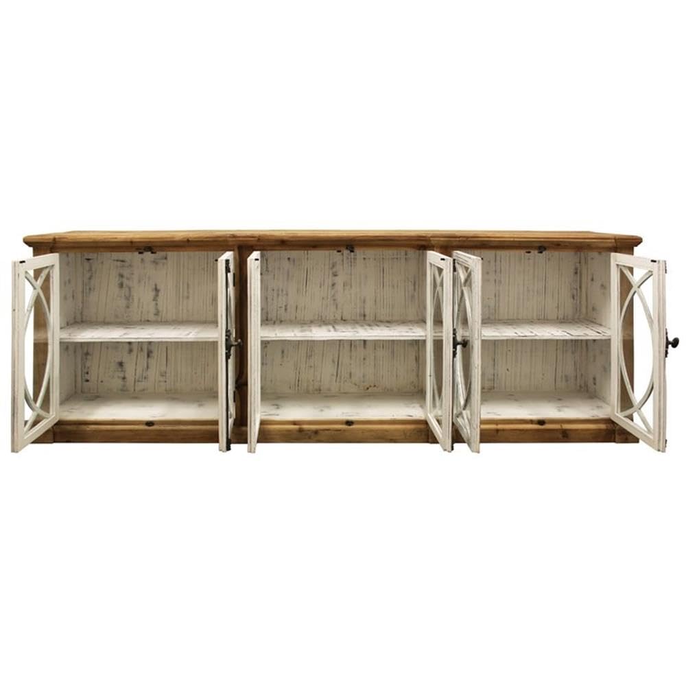 Pemberly Row Solid Wood 6 Door Sideboard, Glass Inserts, Natural Finish, 43" H x 113" W x 20" D, Lockable Doors, Wine Cellar Style Knobs, Buffet Table for Dining Room Storage