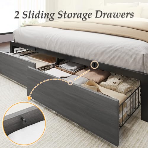 Lifezone Full Bed Frame with 2-Tier Storage Headboard, Metal Bed Frame with Storage Drawers & Built-in Charging Station & LED, Noise-Free, No Box Spring Needed, Easy Assembly, Rustic Grey