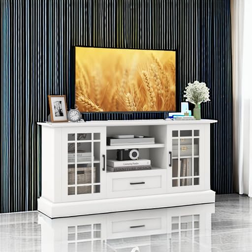 Farmhouse TV Stand with Glass Cabinets & Drawer