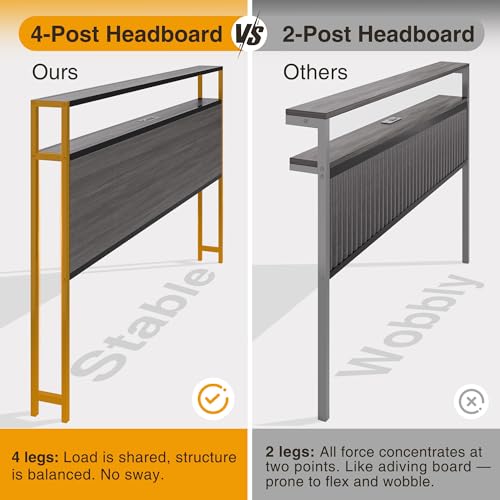 Lifezone Full Bed Frame with 2-Tier Storage Headboard, Metal Bed Frame with Storage Drawers & Built-in Charging Station & LED, Noise-Free, No Box Spring Needed, Easy Assembly, Rustic Grey
