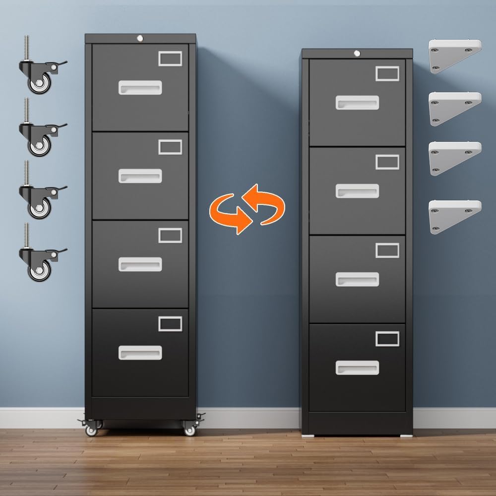 shengkefty 4 Drawer Metal File Cabinet with Lock and Wheels, Black