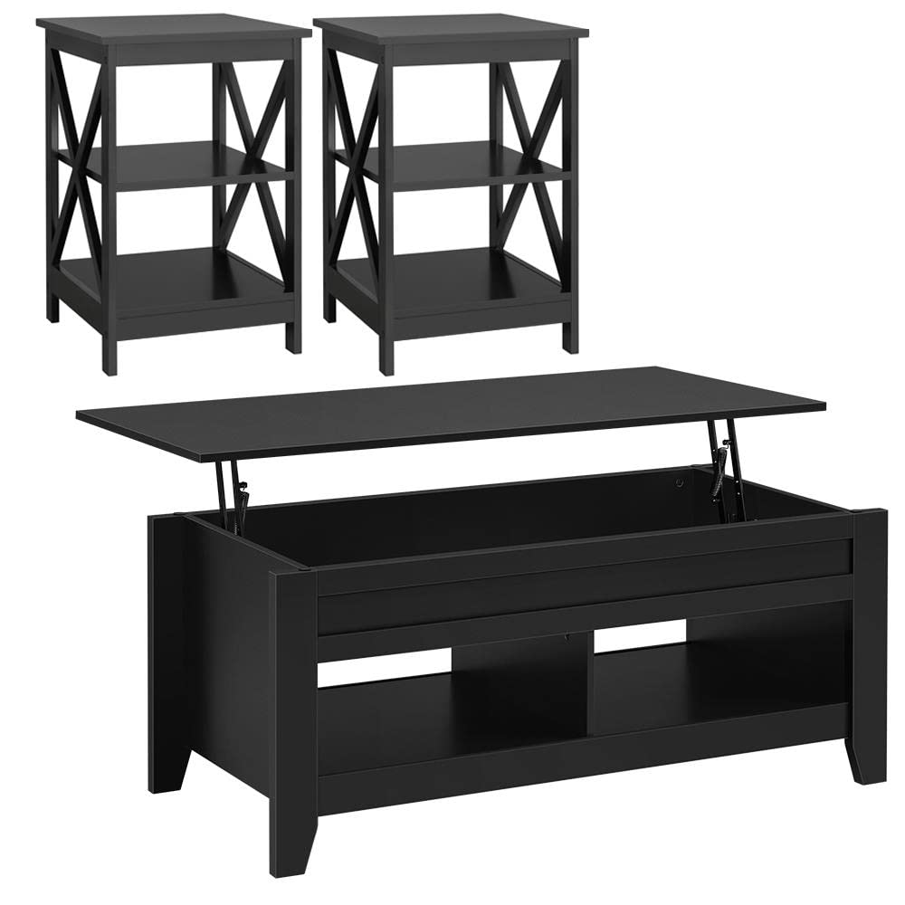 Yaheetech 47.5in Coffee Tables and 2PCS Side Tables Set, Lift Top Coffee Table with Storage and 3 Tier End Table with Storage Shelf for Living Room Black