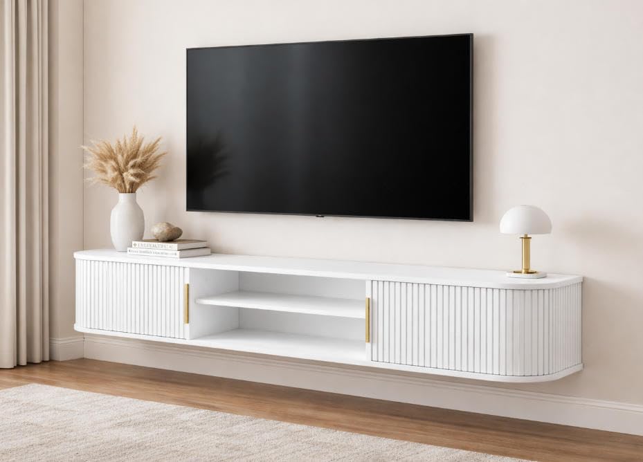Takwep 70" Floating TV Stand With Storage,Fluted Entertainment Center White