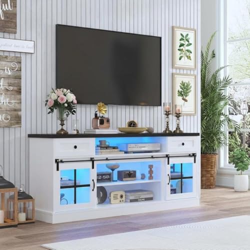 Farmhouse TV Stand with Drawers, Power Outlets & LED Lights
