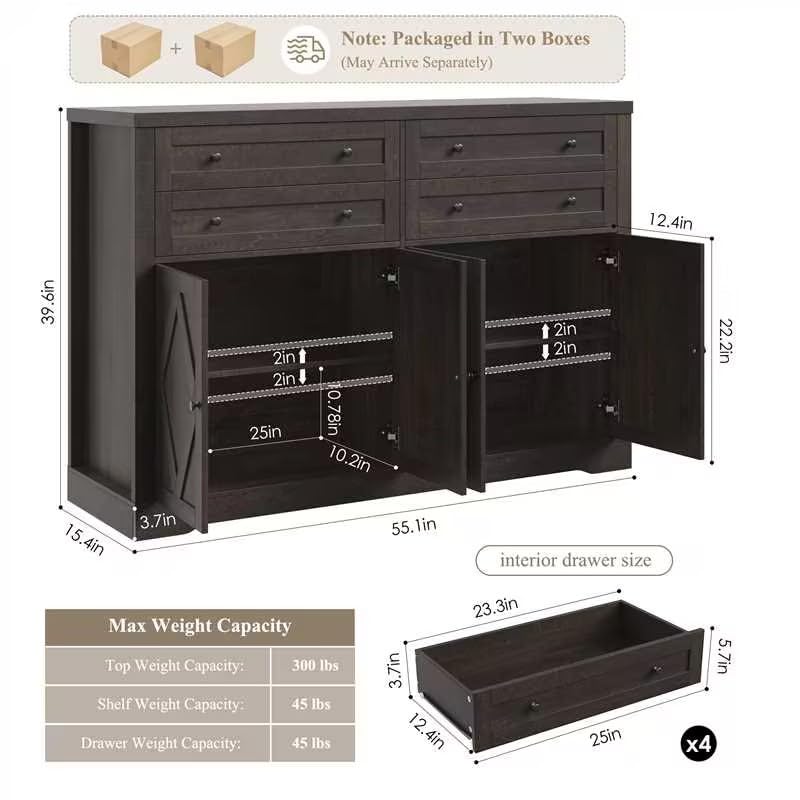 HOSTACK 55"W Kitchen Buffet Sideboard Cabinet with 4 Storage Drawer, Brown
