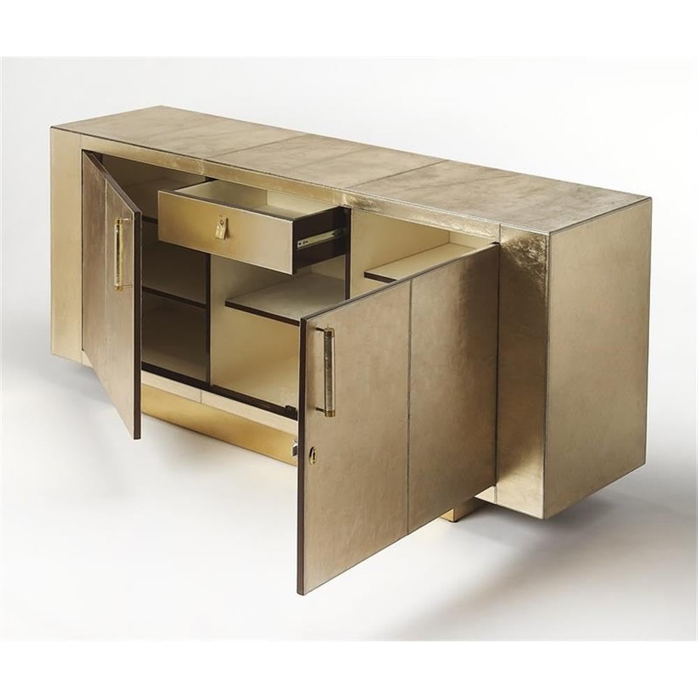 Maklaine Modern Leather Buffet, Gold Finish, Meranti Wood Trim, 70.5"W x 18"D x 34"H, Polysuede-Lined Interior, Adjustable Shelves, Tray Drawer, Brass Platform Base and Handles, Contemporary Sideboard