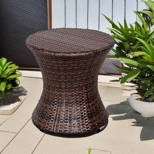 Wicker Patio Side Table – Hourglass PE Rattan, Steel Frame, 20"