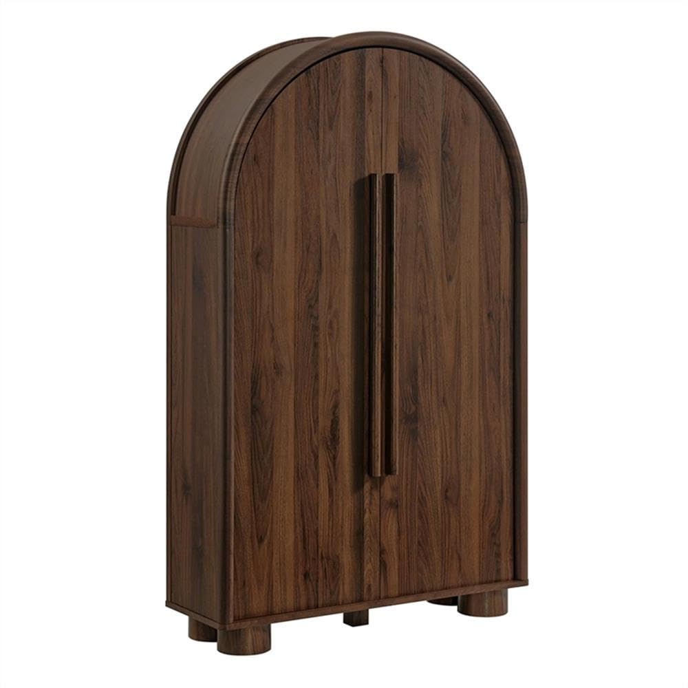 Modway Bellamy Fold-Out Desk Cabinet in Walnut – Modern Arched Storage Cabinet with Drop-Down Desk – Contemporary Space-Saving Writing Desk with Concealed Storage and Shelving