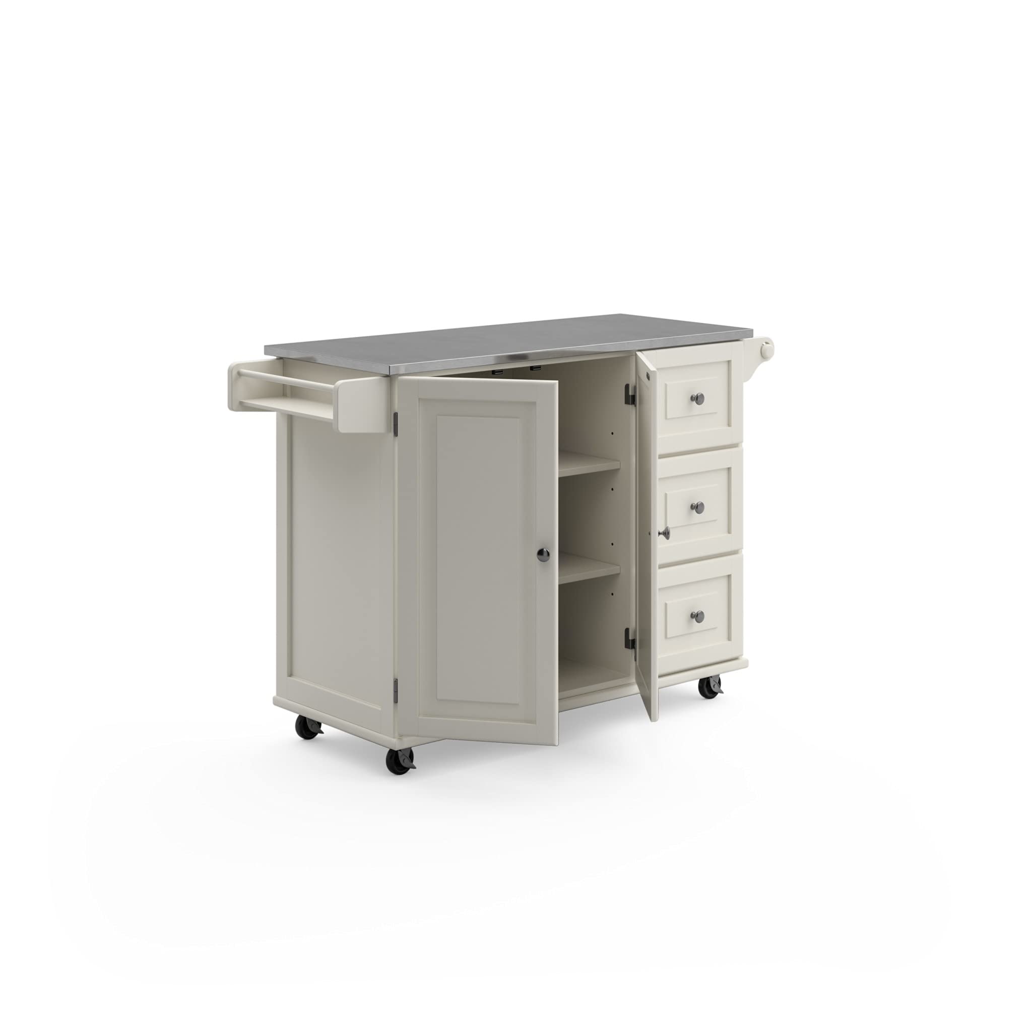 53.5" Kitchen Island Cart with Storage, Rolling Kitchen Cart on Wheels with Stainless Steel Top, Mobile Prep Station with Drawers, Cabinets, Adjustable Shelves & Towel Rack, Solid Wood, Off White