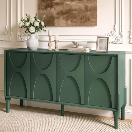 SZTHHDF 59" Sideboard Buffet Cabinet with Storage, Mid-Century Modern Storage Cabinet Accent Buffet Sideboard with Adjustable Shelves & Solid Wood Legs Large Credenza for Living Room (Green)