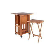 HomeStock 5-Piece Snack Table Set with Double Drop-Leaf Storage Table, 4 Folding Snack Tables, Grooved Slots, Solid Wood Design, and Rolling Casters Teak