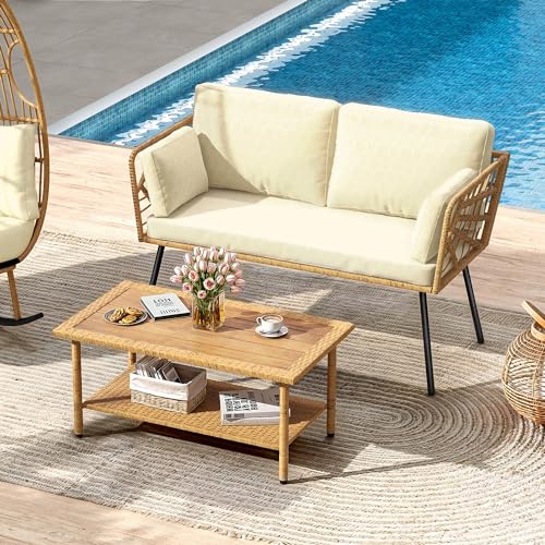 Wicker Rattan Patio Loveseat Set with Cushions & Side Table