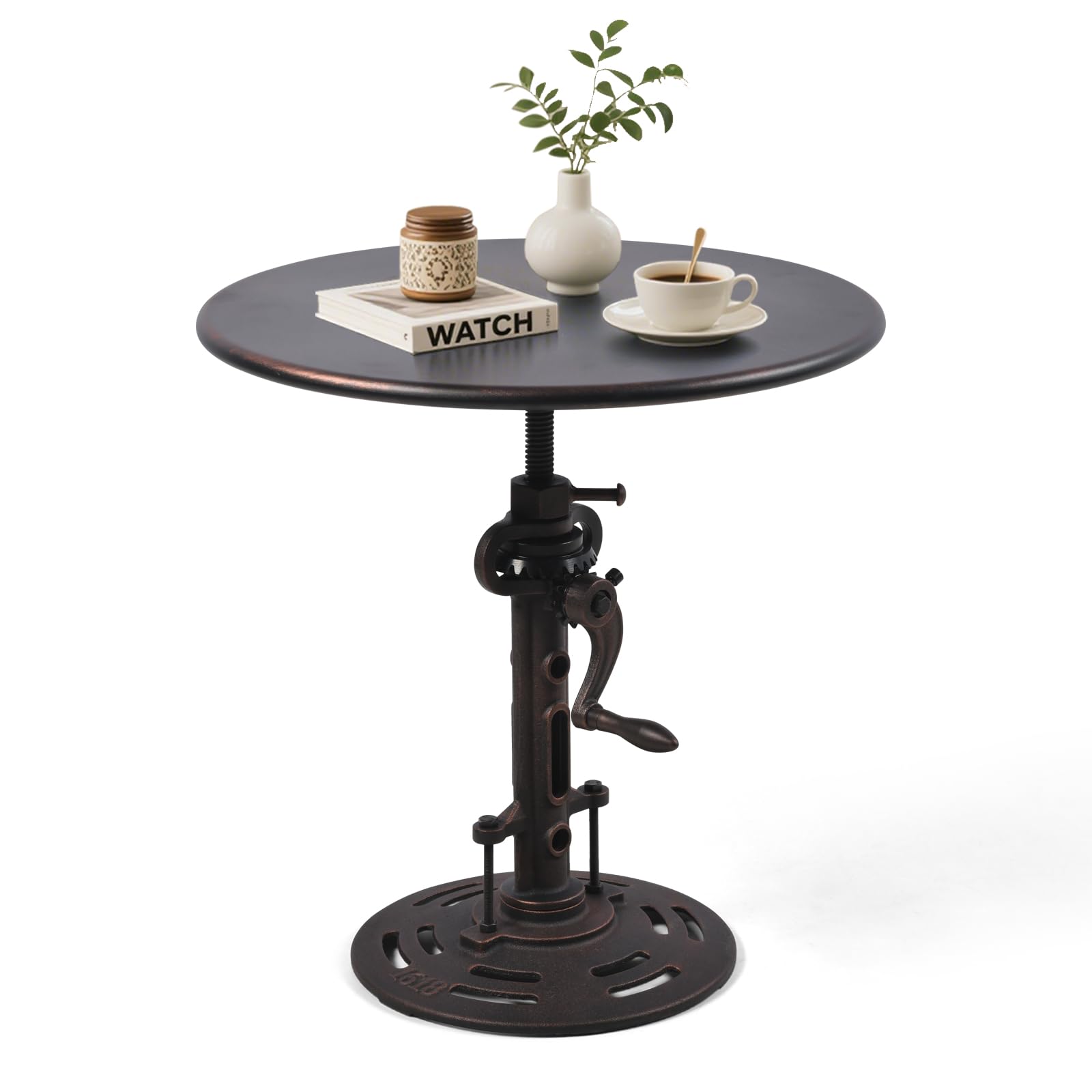LOKKHAN Vintage Industrial Adjustable Height Crank Table for Home or Café- Round Iron Bistro/Dining/Desk with Mechanical Inspired Hand- Rustic Antique Style, Copper