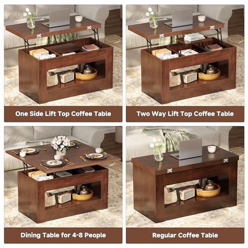 UNIQUITE 40" Lift Top Coffee Table, 4 in 1 Multi-Function Lift Coffee Table with Storage and Hidden Compartment, Convertible Coffee Tables to Dining Table for Living Room, Walnut