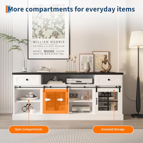 Farmhouse TV Stand with Drawers, Power Outlets & LED Lights