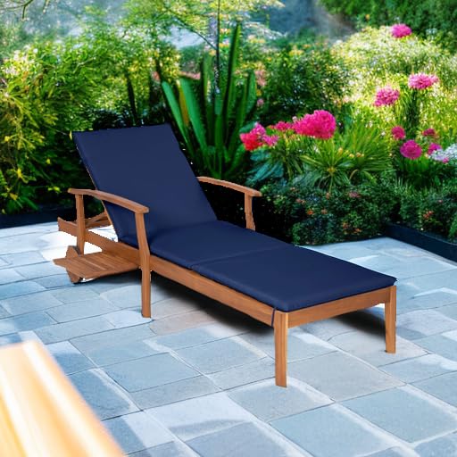 Acacia Wood Outdoor Chaise Lounge Chair with Slide-Out Side Table