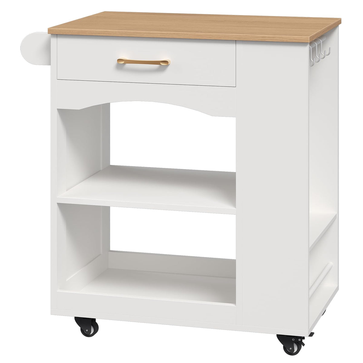 MAHANCRIS Kitchen Island, Mobile Kitchen Island Table with Drawer and Open Shelves, Kitchen Storage Island on Wheels, Rolling Kitchen Cart with 6 S-Shaped Hooks, for Kitchen White and Natural KIBN9901