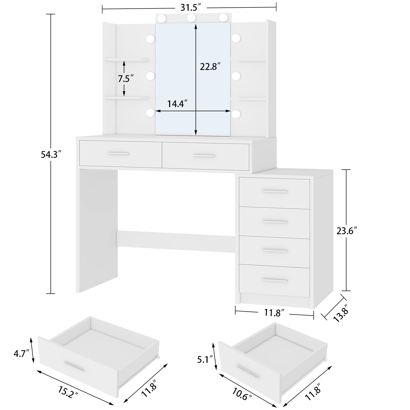 FIONESO 43.3" W Vanity Desk with Mirror and 9 LED Lights, Makeup Vanity with 6 Drawers, 6 Open Shelves, 3 Color Modes & Adjustable Brightness, Dressing Table for Girls Bedroom, White