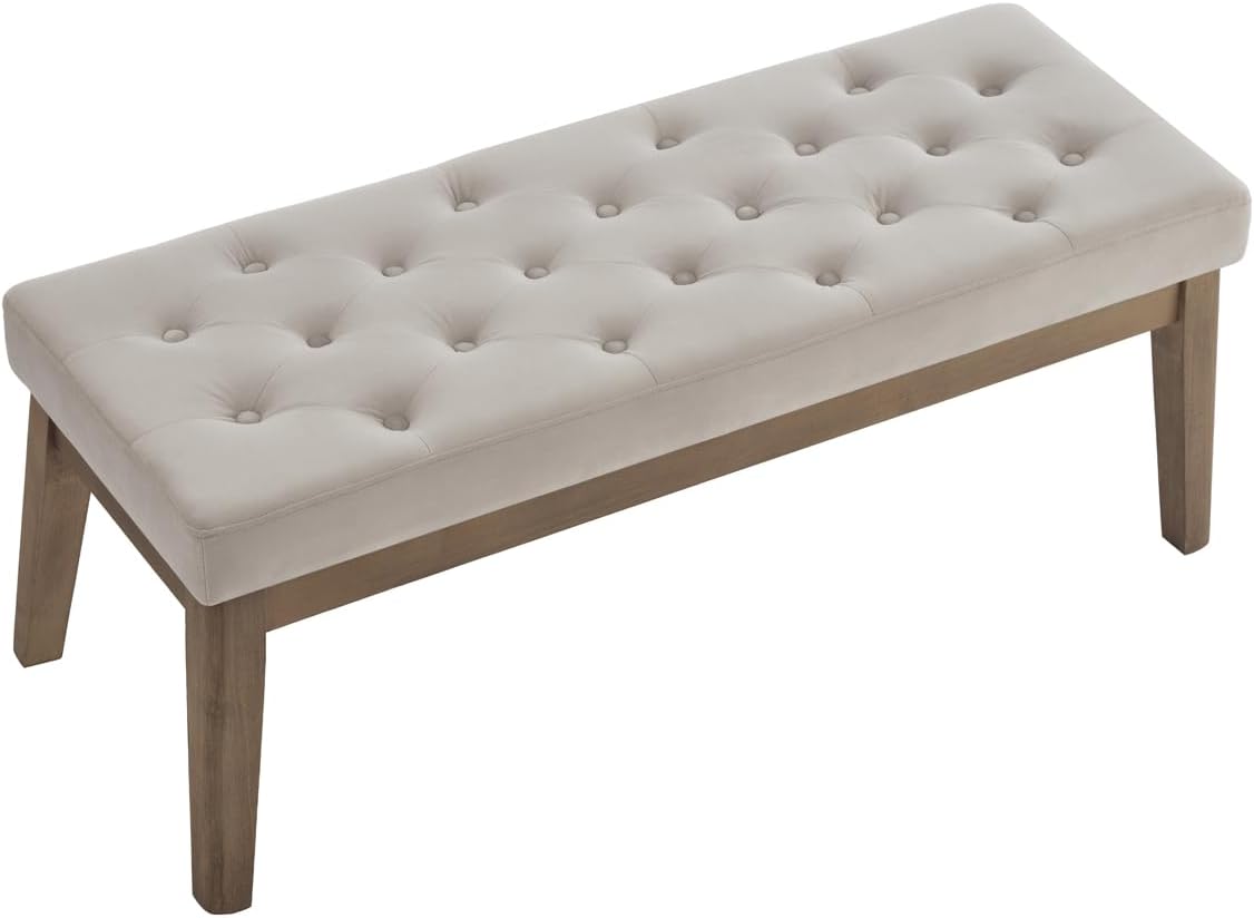 24KF Velvet Upholstered Buttons Tufted Entryway Bench with Solid Wood Leg,Bed Bench Ottoman with Padded Seat,5034-Taupe