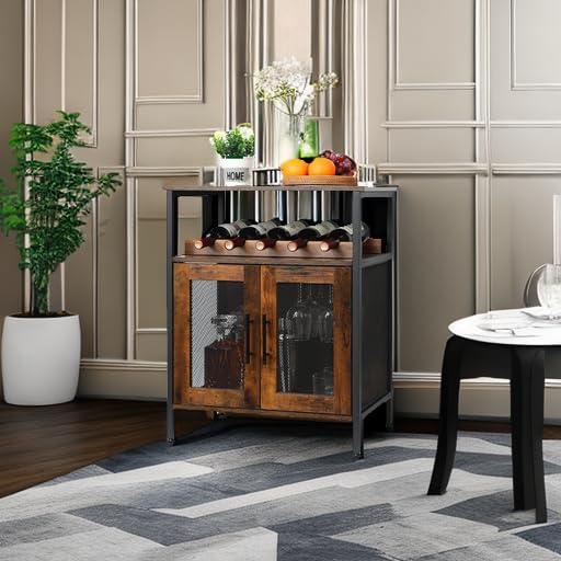 Wine Bar Cabinet with Detachable Wine Rack, Glass Holder & Mesh Door