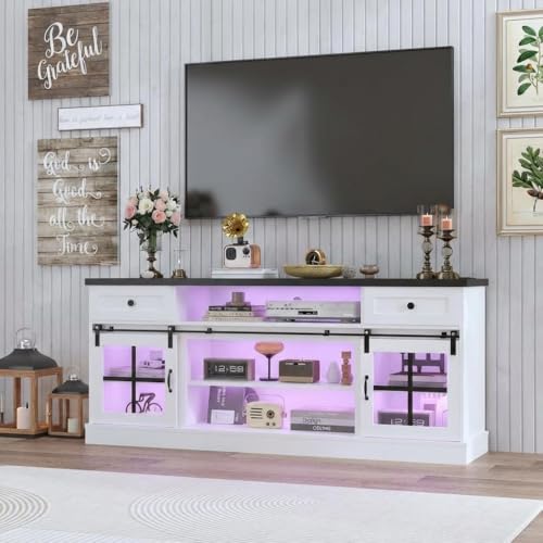 Farmhouse TV Stand with Drawers, Power Outlets & LED Lights