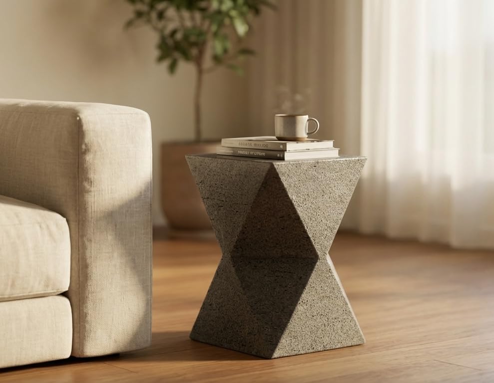 LumeVale 19'' Outdoor Side Table – Lightweight Stone Patio Coffee Stand, Concrete End Table for Backyard, Balcony (Rhombus)