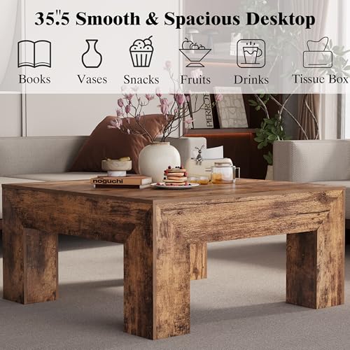 Square Coffee Table with Thick Base – Rustic Brown