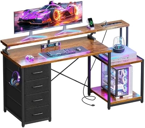55" Computer Desk with LED Lights & 4 Drawers