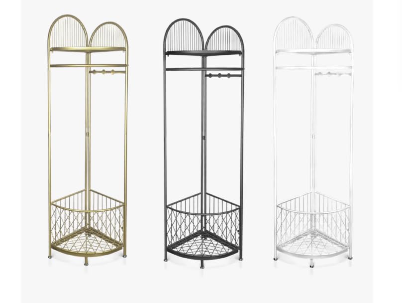 HKaikzo Corner Coat Rack, Gold Clothes Rack with 6 Metal Movable Hooks and Storage Basket Hall Tree Design Clothing Rack for Bedroom Entryway Hallway