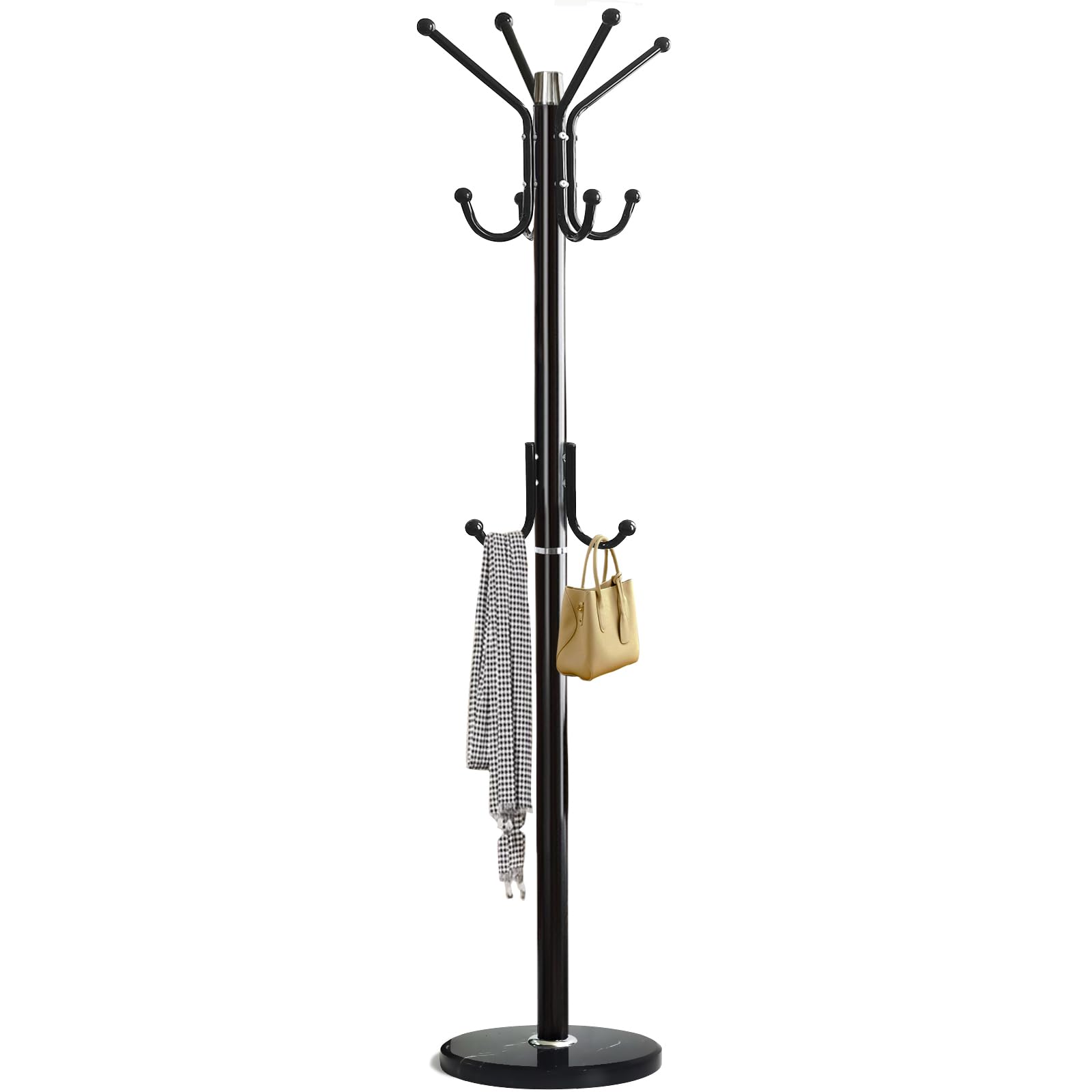 Freestanding Coat Rack with Marble Base & 11 Hooks