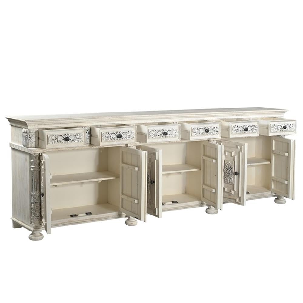 Pemberly Row 6-Drawer 6-Door Carved Solid Mango Wood Sideboard, Weathered White Finish, 118 in Wide, Floral Carvings, Removable Shelves, Decorative Buffet Table for Dining Room or Foyer Use