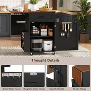 Seeheool K&K 39.3" Farmhouse Kitchen Island with Drop Leaf, Kitchen Storage Island with Open Side Rack, One Drawer, Towel Rack, Rolling Kitchen Cart with Lockable Wheels for Lawn Garden, Black