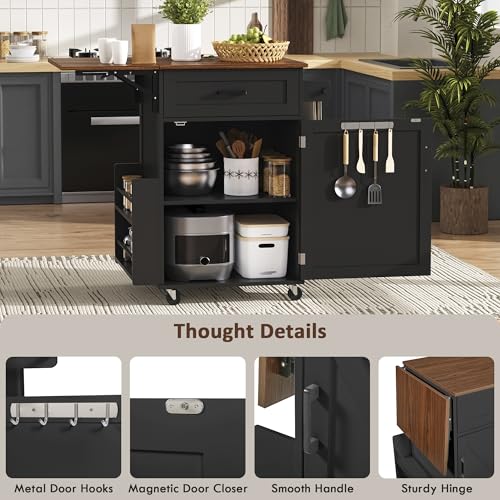 Seeheool K&K 39.3" Farmhouse Kitchen Island with Drop Leaf, Kitchen Storage Island with Open Side Rack, One Drawer, Towel Rack, Rolling Kitchen Cart with Lockable Wheels for Lawn Garden, Black