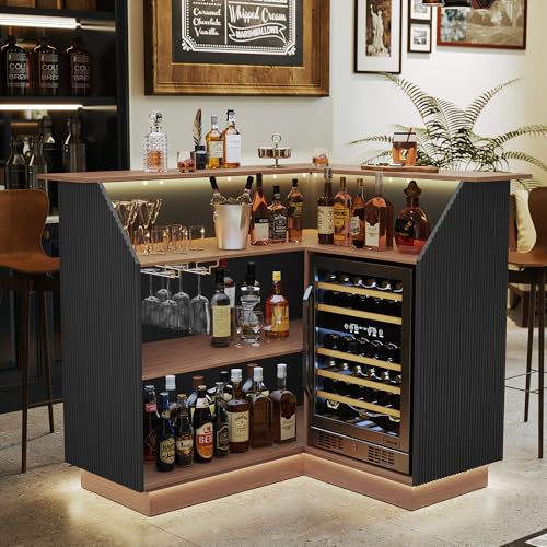 ARTPOWER L Shaped Home Bar Cabinet with Fridge Space, Oversized Modern Basement Coffee Bar Table with LED Strip, Fluted 4-Tier Corner Wine Cabinet with Stemware Racks for Dining Living Room, Black